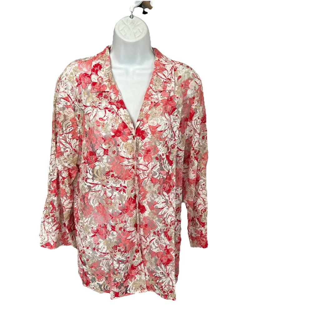 Napa Valley Women's XL Sheer‎ Lace Floral Button Shirt Colorful Dainty Cottage